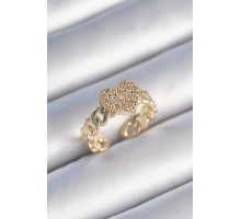 Pirinç Gold Renk Zincir Kordon Zirkon Taşlı Kalp Model Kadın Yüzük - TJ-BYK3485