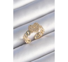 Pirinç Gold Renk Zincir Kordon Zirkon Taşlı Kalp Model Kadın Yüzük - TJ-BYK3485