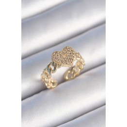 Pirinç Gold Renk Zincir Kordon Zirkon Taşlı Kalp Model Kadın Yüzük TJ-BYK3485