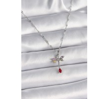 316L Çelik Gümüş Renk Zincir Renkli Zirkon Taşlı Yusufçuk Model Kadın Kolye - TJ-BKO9568