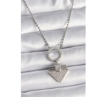316L Çelik Gümüş Renk Topçuk Zincir Zirkon Taşlı Üçgen Model Kadın Kolye - TJ-BKO9574