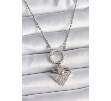 316L Çelik Gümüş Renk Topçuk Zincir Zirkon Taşlı Üçgen Model Kadın Kolye - TJ-BKO9574