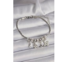 316L Çelik Gümüş Renk Zincir Sallantı Zirkon Taşlı Yonca Figür Charm Bileklik - TJ-BB6527