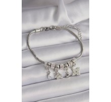 316L Çelik Gümüş Renk Zincir Sallantı Zirkon Taşlı Yonca Figür Charm Bileklik - TJ-BB6527