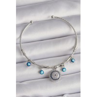 Pirinç Gümüş Renk Sallantı Zirkon Taşlı Nazar Boncuk Figür Charm Bileklik - TJ-BB6558