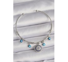 Pirinç Gümüş Renk Sallantı Zirkon Taşlı Nazar Boncuk Figür Charm Bileklik - TJ-BB6558