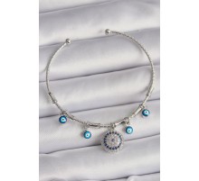 Pirinç Gümüş Renk Sallantı Zirkon Taşlı Nazar Boncuk Figür Charm Bileklik - TJ-BB6558