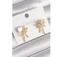 Pirinç Gold Renk Zirkon Taşlı Kurdele Model Kadın Küpe - TJ-BKP9776