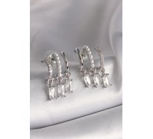 Pirinç Gümüş Renk İnci Detay Sallantı Zirkon Taşlı Kadın Küpe - TJ-BKP9783