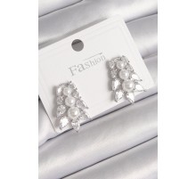 Pirinç Gümüş Renk Zirkon Taşlı Yaprak Model İnci Detay Kadın Küpe - TJ-BKP9799