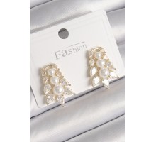 Pirinç Gold Renk Zirkon Taşlı Yaprak Model İnci Detay Kadın Küpe - TJ-BKP9800