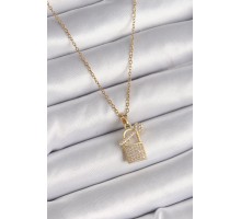 316L Çelik Gold Renk Zincir Zirkon Taşlı Asma Kilit Anahtar Model Kadın Kolye - TJ-BKO9585