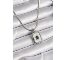 316L Çelik Gümüş Renk İtalyan Zincir Beyaz Sedefli Kare Portre Model Zümrüt Taş Detay Kadın Kolye - TJ-BKO9596