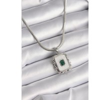 316L Çelik Gümüş Renk İtalyan Zincir Beyaz Sedefli Kare Portre Model Zümrüt Taş Detay Kadın Kolye - TJ-BKO9596