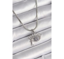 316L Çelik Gümüş Renk İtalyan Zincir Zirkon Taşlı Göz Model Kadın Kolye - TJ-BKO9598