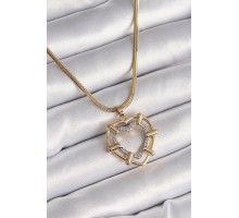 316L Çelik Gold Renk İtalyan Zincir Mix Renk Zirkon Taşlı Kalp Model Kadın Kolye - TJ-BKO9601