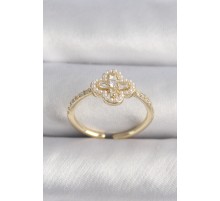 Pirinç Gold Renk Zirkon Taşlı Yonca Model İnci Detay Kadın Yüzük - TJ-BYK3494