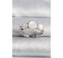 Pirinç Gümüş Renk Zirkon Taş Detaylı Beyaz Sedefli VIP Seri Kadın Yüzük - TJ-BYK3503