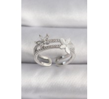 Pirinç Gümüş Renk Zirkon Taşlı Çiçek Model VIP Seri Kadın Yüzük - TJ-BYK3513