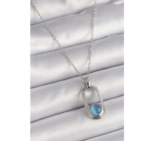 316L Çelik Gümüş Renk Zincir Mavi Kedi Göz Model Kadın Kolye - TJ-BKO9613