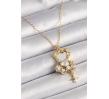 316L Çelik Gold Renk Zincir Ayna Ayıcık Model Zirkon Taşlı Kalp Model Kadın Kolye - TJ-BKO9626