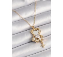 316L Çelik Gold Renk Zincir Ayna Ayıcık Model Zirkon Taşlı Kalp Model Kadın Kolye TJ-BKO9626