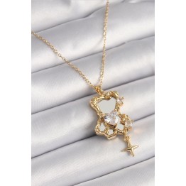 316L Çelik Gold Renk Zincir Ayna Ayıcık Model Zirkon Taşlı Kalp Model Kadın Kolye TJ-BKO9626