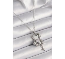 316L Çelik Gümüş Renk Ayna Ayıcık Model Zirkon Taşlı Kalp Detay Kadın Kolye - TJ-BKO9627