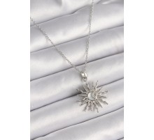 316L Çelik Gümüş Renk Zincir Zirkon Taşlı Yıldız Model Sedefli Ay İşleme Detay Kadın Kolye - TJ-BKO9631