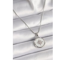 316L Çelik Gümüş Renk Zincir Beyaz Sedefli Zirkon Taşlı Yıldız İşleme Model Kadın Kolye - TJ-BKO9635