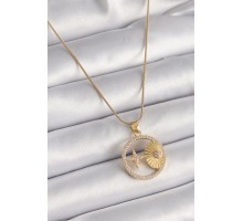 316L Çelik Gold Renk Zincir Zirkon Taşlı Yıldız İşleme Madalyon Model Kadın Kolye - TJ-BKO9636