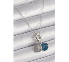 316L Çelik Gümüş Renk Zincir Zirkon Taşlı İşleme Mavi Simli Kadın Kolye - TJ-BKO9641