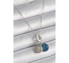 316L Çelik Gümüş Renk Zincir Zirkon Taşlı İşleme Mavi Simli Kadın Kolye - TJ-BKO9641