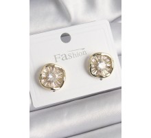 Pirinç Gold Renk Zirkon Taşlı Yonca Model Kadın Küpe - TJ-BKP9850