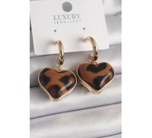 Pirinç Gold Renk 3D Kalp Leopar Desen Model Kadın Küpe - TJ-BKP9875
