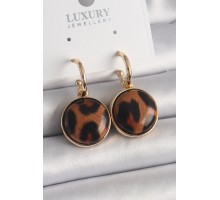 Pirinç Gold Renk Leopar Desenli Daire Model Kadın Küpe - TJ-BKP9877