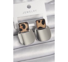 Pirinç Gümüş Renk Kare Plaka Leopar Desenli Kadın Küpe - TJ-BKP9886