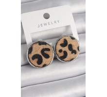 Pirinç Gümüş Renk Daire Plaka Model Leopar Desenli Kadın Küpe - TJ-BKP9890