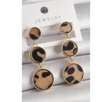 Pirinç Gold Renk 3'Lü Leopar Desenli Sallantı Daire Plaka Model Kadın Küpe - TJ-BKP9891