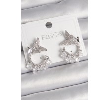 Pirinç Gümüş Renk Zirkon Taşlı Sallantı Detay Kelebek Model Kadın Küpe - TJ-BKP9902