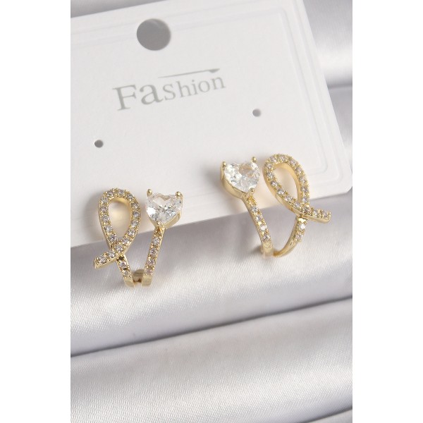 Pirinç Gold Renk Düğüm Model Zirkon Taşlı Kalp Detay Kadın Küpe - TJ-BKP9909
