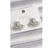 Pirinç Gümüş Renk Zirkon Taşlı Yelpaze Model Kadın Küpe - TJ-BKP9916