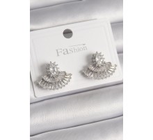 Pirinç Gümüş Renk Zirkon Taşlı Yelpaze Model Kadın Küpe - TJ-BKP9916