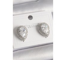 Pirinç Gümüş Renk Zirkon Taşlı Damla Model Kadın Küpe - TJ-BKP9918