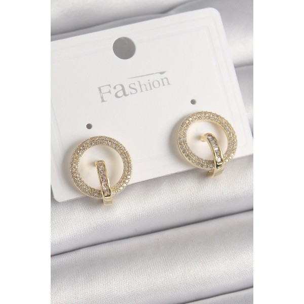 Pirinç Gold Renk Zirkon Taşlı Halka Model Kadın Küpe - TJ-BKP9923
