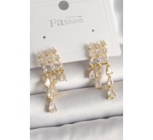 Pirinç Gold Renk Zirkon Taşlı Yağmur Model Kadın Küpe - TJ-BKP9935