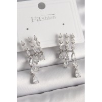 Pirinç Gümüş Renk Zirkon Taşlı Yağmur Model Kadın Küpe TJ-BKP9936