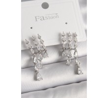 Pirinç Gümüş Renk Zirkon Taşlı Yağmur Model Kadın Küpe - TJ-BKP9936