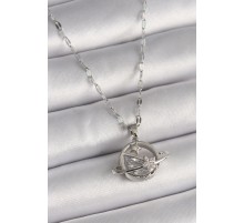 316L Çelik Gümüş Renk Zincir Zirkon Taşlı Yıldız Detay Gezegen Model Kadın Kolye - TJ-BKO9643