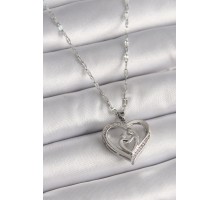 316L Çelik Gümüş Renk Zincir Zirkon Taşlı Kalp Anne Çocuk Figür Kadın Kolye - TJ-BKO9649